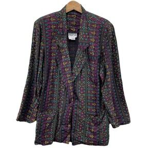 Surya Blazer Jacket Womens Medium Black Purple Rayon Aztec Print Vintage 80s